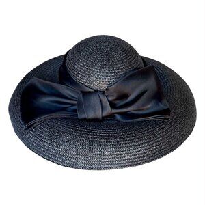Vtg Saks Fifth Avenue Women's Black Straw Hat WIth Big Bow Sun Wide Brim